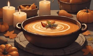 Bowl of spiced butternut soup with chilli and cream, styled on a rustic altar table with autumn leaves, candles, and a harvest basket.