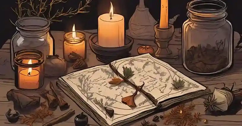 Clove Spells. Whole cloves scattered on spell ingredients with red pouch, green candle, herbs and parchment in soft witchy light.