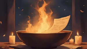 New Beginnings Spell: A fireproof bowl with burning paper, glowing candlelight, and a handwritten intention releasing into smoke