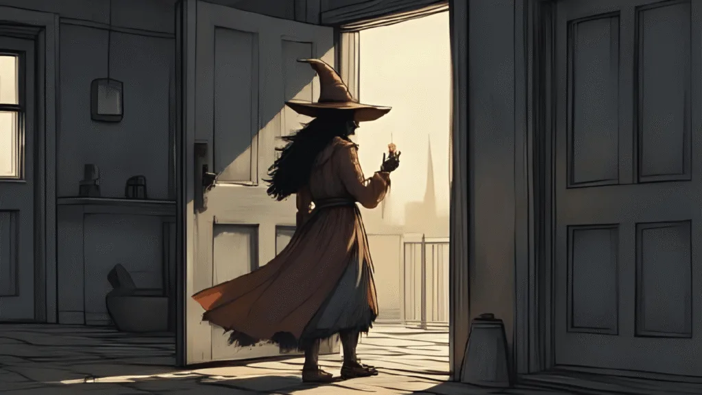 A witch stepping from shadows into soft sunlight, holding a candle or journal – "Coming Out of the Broom Closet"