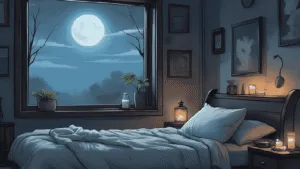 A moonlit bedroom with bay leaves tucked under a pillow, soft glow of candles and protective symbols on the wall, dreamy atmosphere.