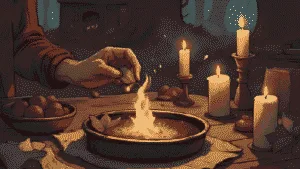 Bay Leaves | Candlelit altar with a witch writing on a bay leaf before burning it in a small cauldron, warm golden glow, rustic cottage setting.