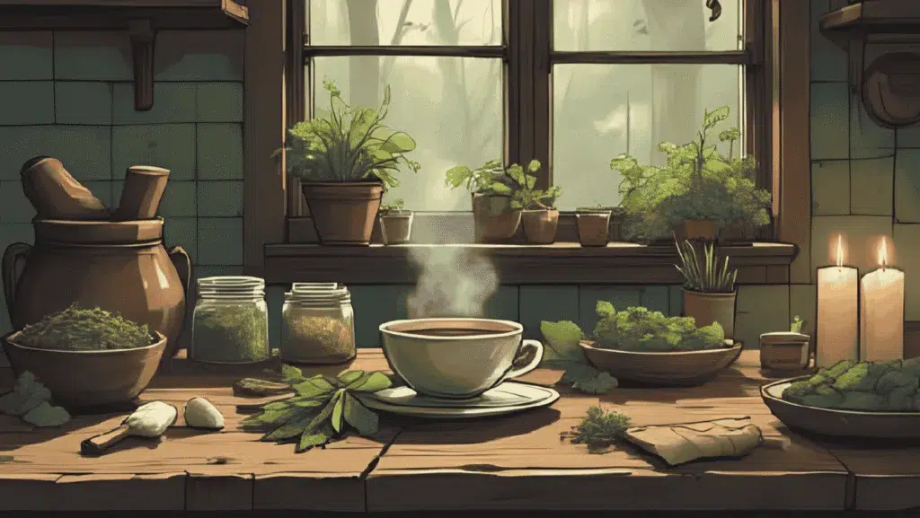 Bay Leaves | A rustic kitchen table with a steaming cup of bay leaf tea, herbs in jars, mortar and pestle, and glowing candles for healing magic.