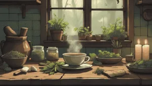 Bay Leaves | A rustic kitchen table with a steaming cup of bay leaf tea, herbs in jars, mortar and pestle, and glowing candles for healing magic.