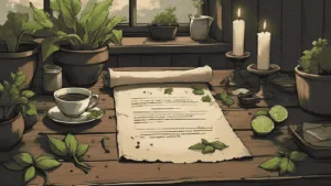 A witch’s wooden desk with dried bay leaves, candles, and a parchment scroll reading “Safety First,” surrounded by herbs and a teacup.