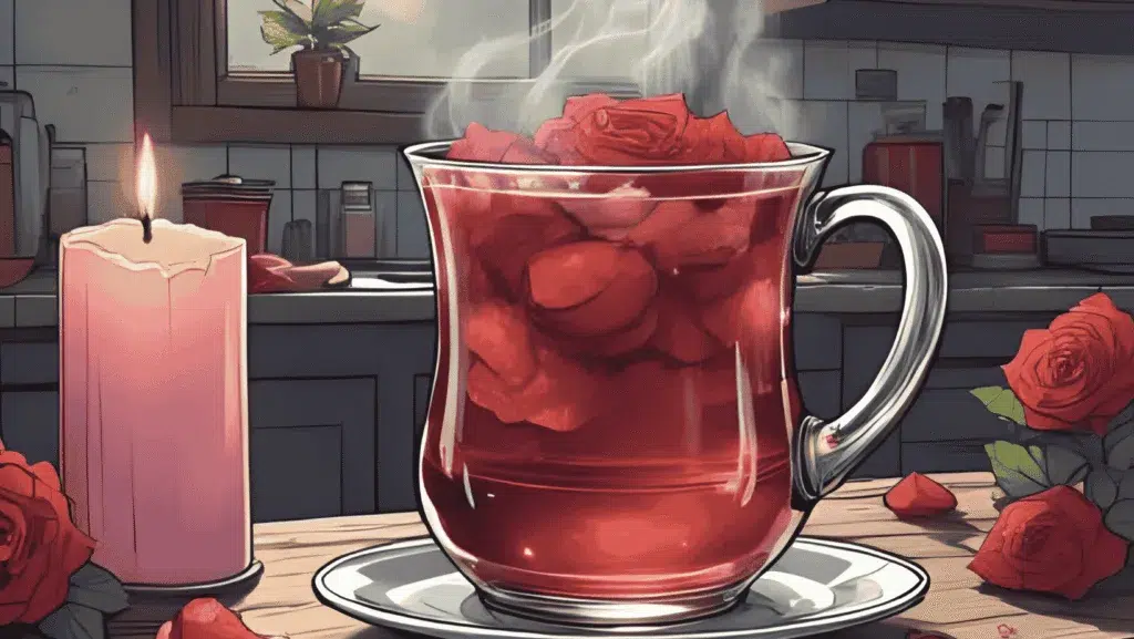 Collagen-Friendly Ritual | A steaming ruby-red rose & hibiscus tea in a witch’s kitchen, pink candle, rose quartz, soft morning light, whimsical cottage-core, high detail.