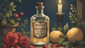 A glass bottle of Queen of Hungary Water toner with rosemary sprigs, rose petals, and lemon balm on a rustic witch’s altar, candlelight glow.