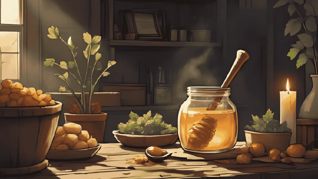 honey magic for beginners | A rustic witch’s altar with a jar of golden honey, wooden spoon, herbs and a candle, cosy magical cottage setting