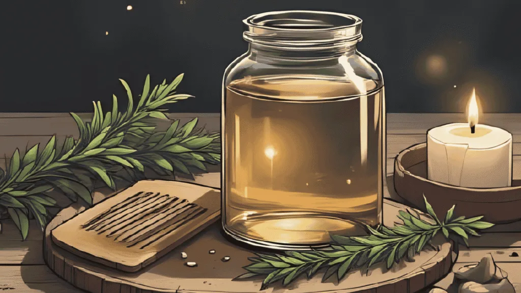 A rustic glass jar of rosemary hair rinse beside fresh sprigs, a wooden comb, and a lit candle on a witch’s vanity table.