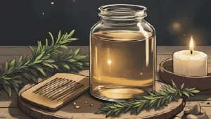 A rustic glass jar of rosemary hair rinse beside fresh sprigs, a wooden comb, and a lit candle on a witch’s vanity table.