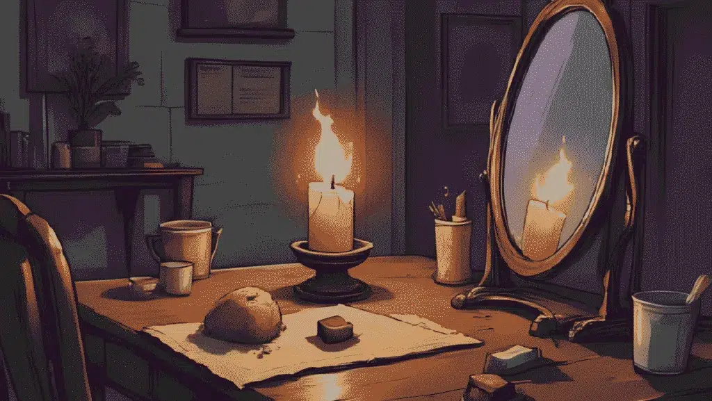 mirror magic for confidence | A witch’s vanity with a glowing candle beside a mirror, soft golden light, a crystal and lipstick nearby, magical aura of confidence.