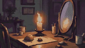 mirror magic for confidence | A witch’s vanity with a glowing candle beside a mirror, soft golden light, a crystal and lipstick nearby, magical aura of confidence.