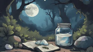 How to Use Moon Water: Enchanting flat lay of crystals, herbs, and a glass jar under moonlight, showing how to use moon water in witchcraft rituals.
