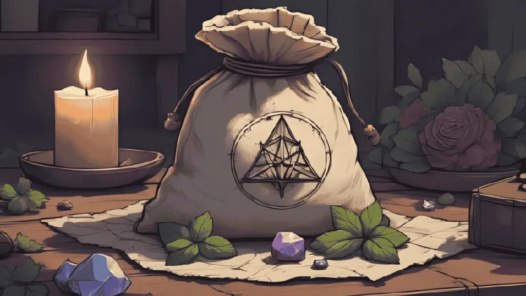 charm bag for charisma | A small fabric charm bag with herbs, crystals, and a sigil, glowing softly by candlelight on a witch’s altar.