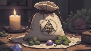 charm bag for charisma | A small fabric charm bag with herbs, crystals, and a sigil, glowing softly by candlelight on a witch’s altar.