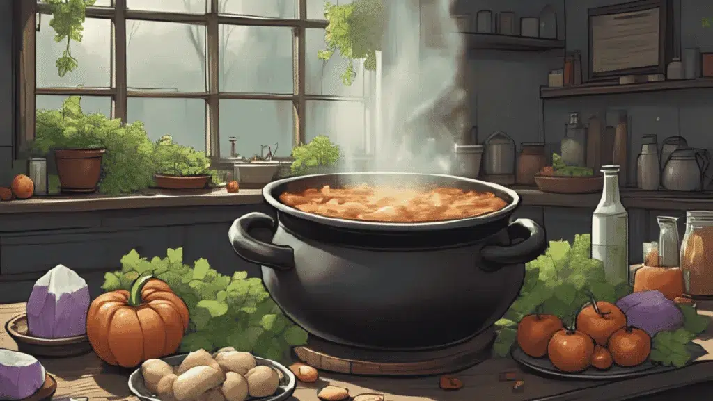 beauty broth for glowing skin | A steaming cauldron-style pot of beauty broth with herbs, vegetables, and crystals nearby on a rustic witch’s kitchen table.