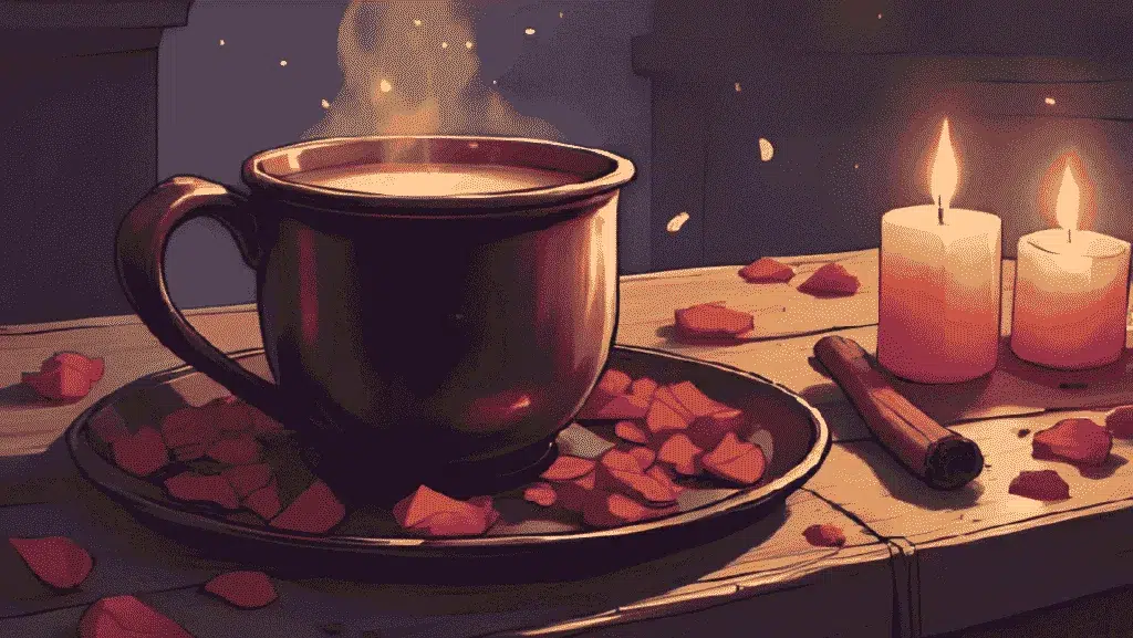 cacao ritual for beauty | A steaming mug of cacao with rose petals and cinnamon, lit by candles on a witch’s altar, glowing with warm golden-pink light.