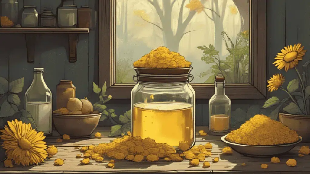 calendula for skin healing | A jar of calendula-infused oil with golden petals scattered around, sunlight streaming on a rustic witch’s altar.