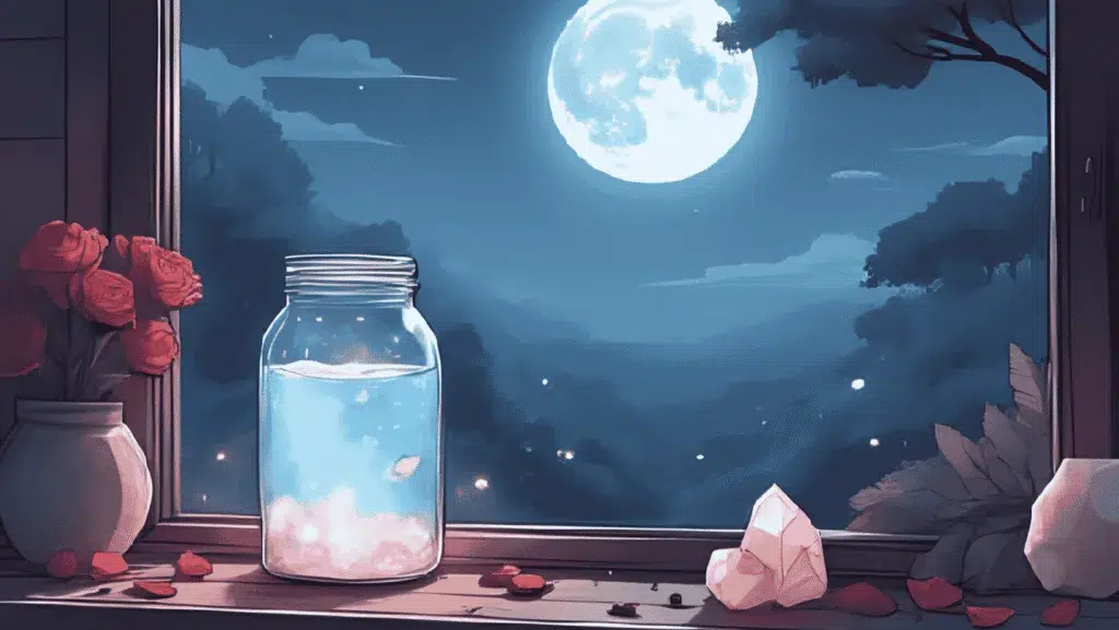 moon water beauty ritual | A glass jar of glowing moon water on a windowsill under full moonlight, surrounded by rose petals and crystals.