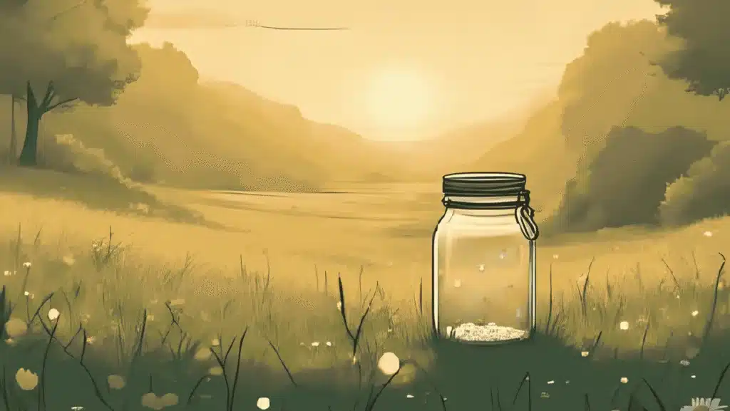 morning dew magic for beginner | Sunrise over a meadow with grass sparkling with morning dew, a glass jar ready to collect the droplets, soft magical atmosphere.