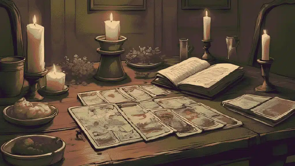 Tarot for Beginners | A vintage-style tarot deck on an old wooden table with candles, herbs, and an open grimoire. Warm, mystical lighting.