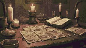 Tarot for Beginners | A vintage-style tarot deck on an old wooden table with candles, herbs, and an open grimoire. Warm, mystical lighting.