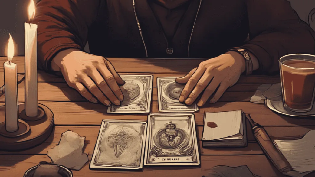 Tarot for Beginners | A beginner witch shuffling tarot cards at a wooden table, with candles, tea, and a notebook beside the deck. Warm and inviting.