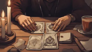 Tarot for Beginners | A beginner witch shuffling tarot cards at a wooden table, with candles, tea, and a notebook beside the deck. Warm and inviting.