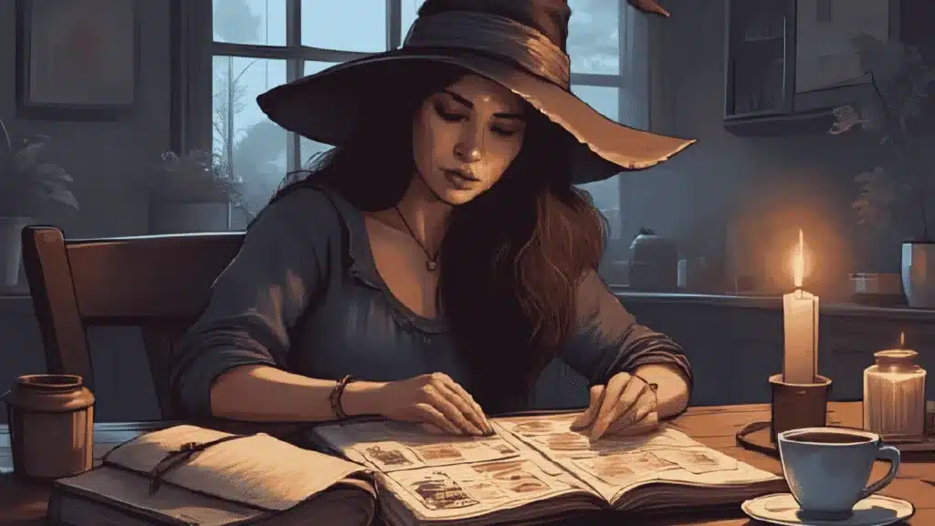 Tarot for Beginners | A witch gazing at a tarot spread, journal and teacup nearby, soft candlelight and shadows. Calm, reflective mood.