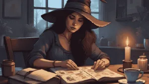 Tarot for Beginners | A witch gazing at a tarot spread, journal and teacup nearby, soft candlelight and shadows. Calm, reflective mood.