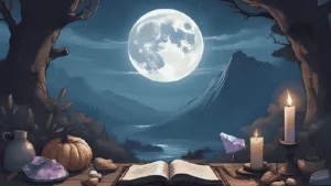 A beginner witch’s altar with a candle, journal, and crystal under a dark sky, showing new moon rituals for beginners.