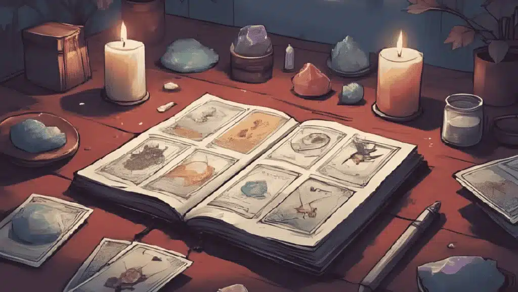 Tarot for Beginners A beginner witch’s tarot setup with candles, crystals, and an open notebook, cards laid out casually. Cosy and approachable.
