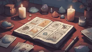 Tarot for Beginners A beginner witch’s tarot setup with candles, crystals, and an open notebook, cards laid out casually. Cosy and approachable.