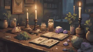 Tarot for Beginners – witch’s altar with tarot cards, candles, and crystals.