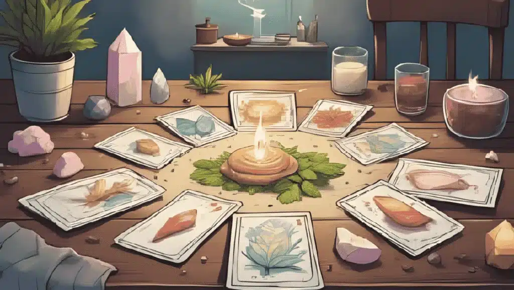 Oracle Cards for Beginners – oracle deck with crystals and herbs on a table.