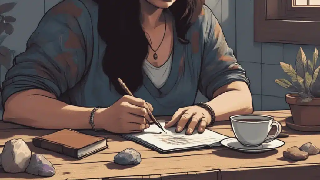 Oracle Cards for Beginners – witch drawing oracle card with crystals and tea.