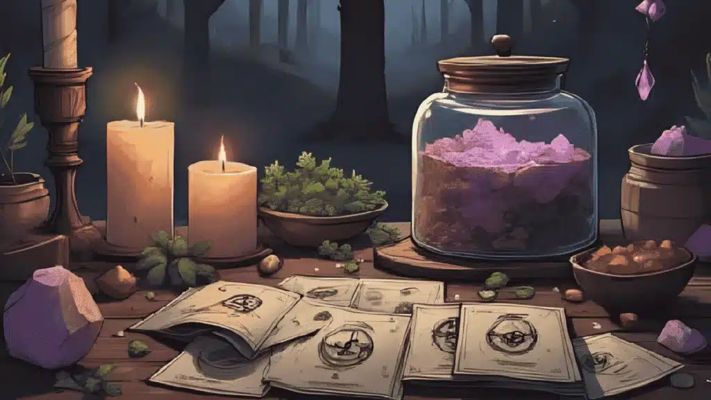 Oracle Cards for Beginners – oracle cards on a witch’s altar with herbs and crystals.