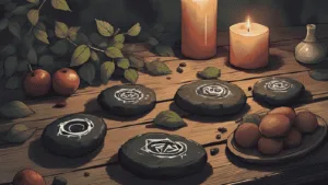 Witch Runes for Beginners – modern witch runes on black stones with herbs and candles.