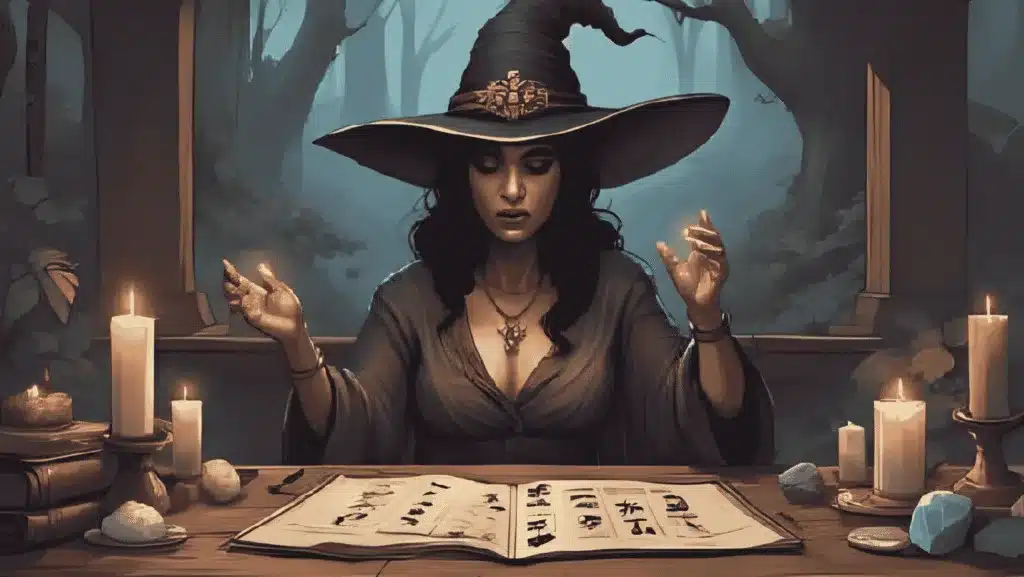 Witch Runes for Beginners – the 13 witch runes cast on a wooden altar with candles and crystals.