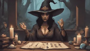 Witch Runes for Beginners – the 13 witch runes cast on a wooden altar with candles and crystals.