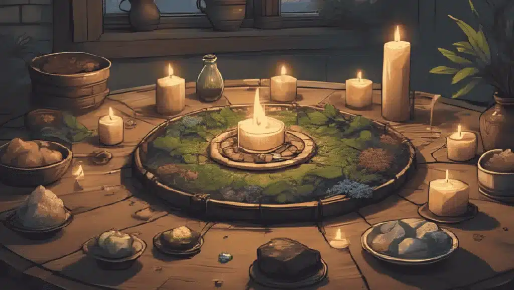 Witch Runes for Beginners – witch runes arranged on an altar with candles, herbs, and crystals.