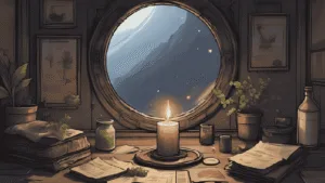 Mirror Spells for Protection: A witch’s altar with a candle, small mirror, and protective herbs, showing mirror spells for protection.