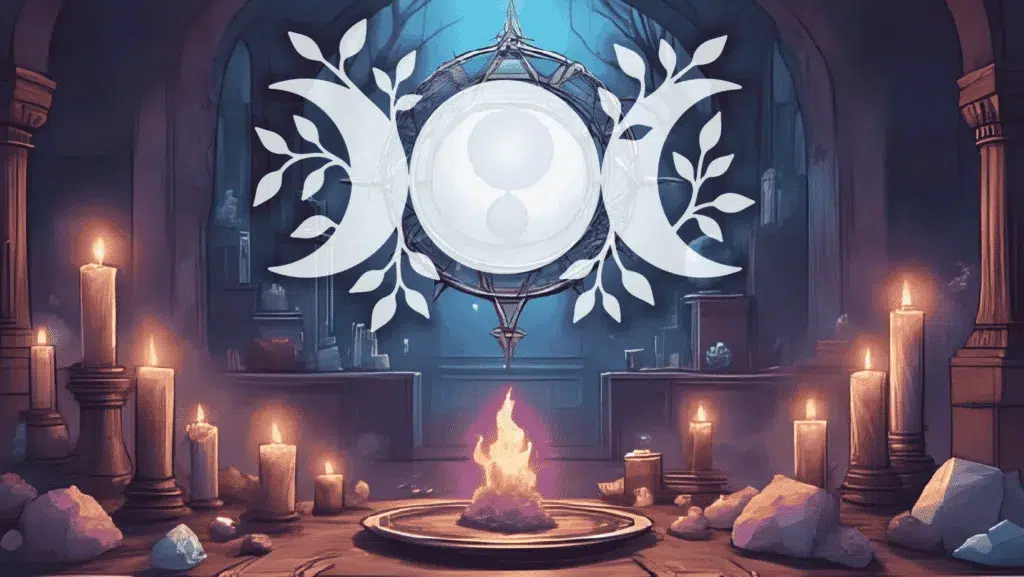A witch’s altar with candles, crystals, and the Triple Moon symbol, showing its meaning and power in witchcraft.