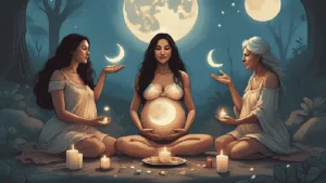 A whimsical witchy scene showing three women as the Triple Goddess: a beautiful young woman with flowing hair holding a crescent moon, a glowing pregnant woman cradling her belly beneath a full moon, and an elderly woman with silver hair holding a staff under a waning moon. Mystical woodland setting, candles, crystals, and soft lunar light.