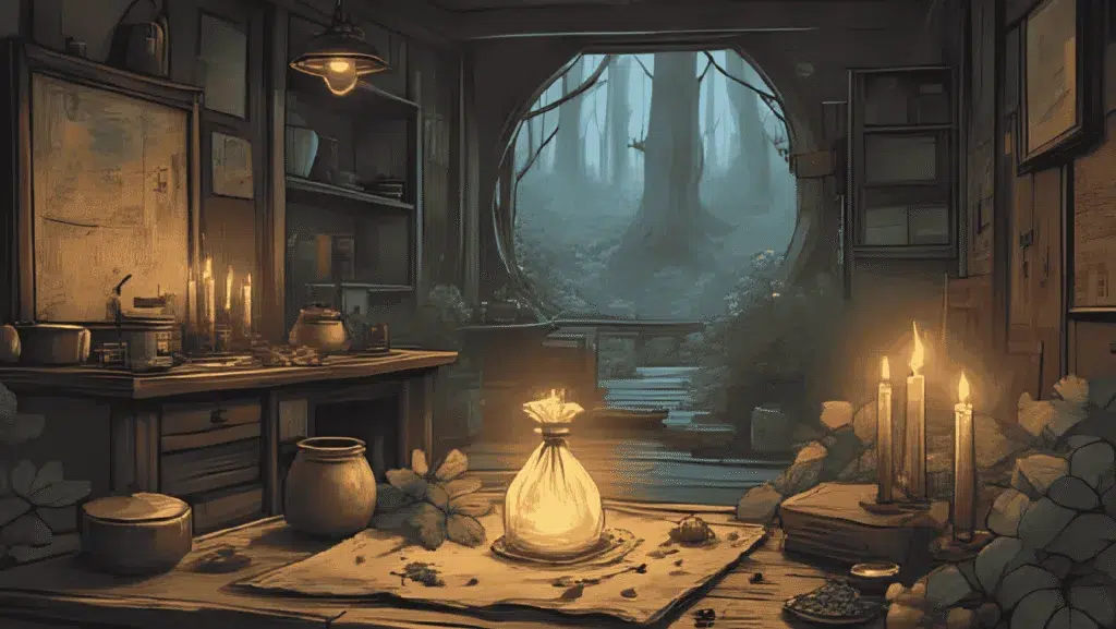 A rustic witch’s altar with bay leaves, candles, and a charm bag glowing with protective energy, Lancashire cottage setting.