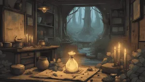 A rustic witch’s altar with bay leaves, candles, and a charm bag glowing with protective energy, Lancashire cottage setting.