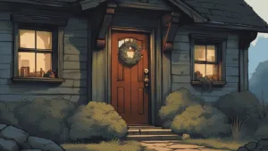 A cottage doorway with bay leaves tucked above the frame, a handmade bay wreath on the door, warm candlelight glowing from inside.