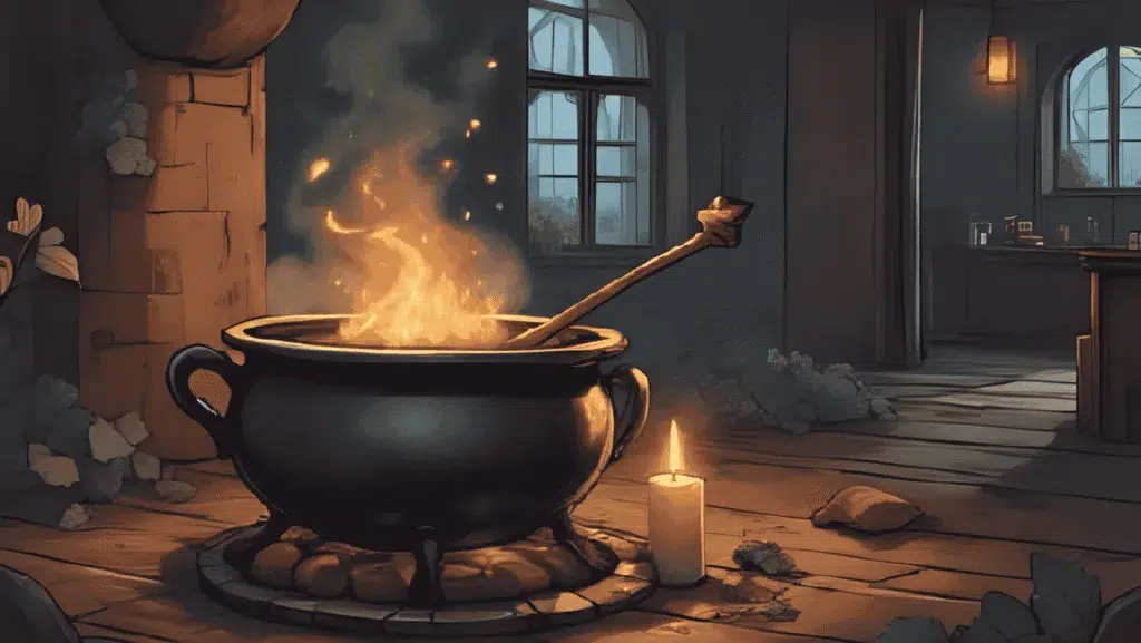 Bay Leaves | A cauldron with a bay leaf smouldering, fragrant smoke curling upward in a protective circle, candlelight flickering in a cottage.