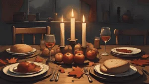 Dumb Supper table set for Samhain with candles, autumn food, and an empty place to honour ancestors — a traditional witchcraft ritual for remembrance and connection.