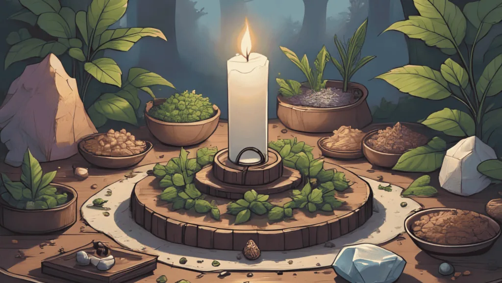 Safe Travel Spell for Journey Protection: Safe Travel Spell setup with candle, charm, and protective herbs on an altar